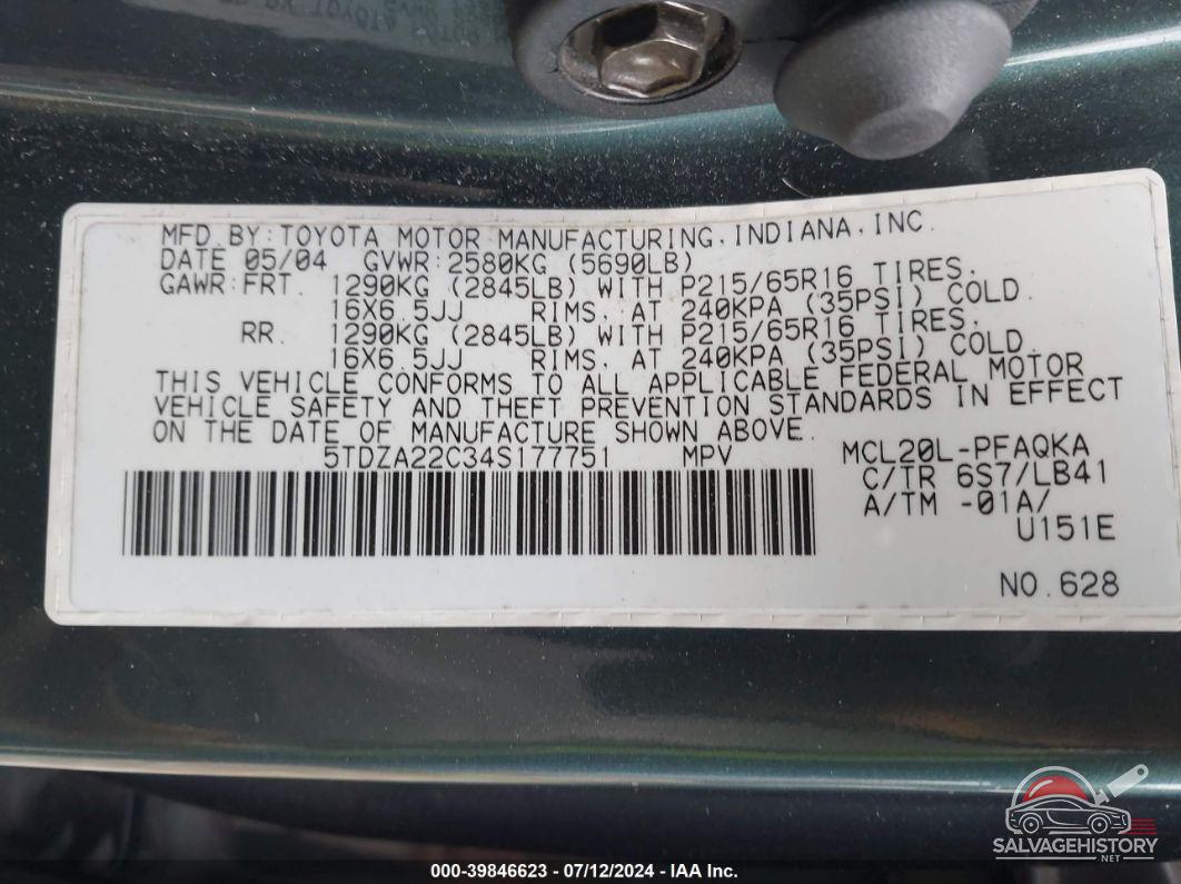5TDZA22C34S177751 2004 TOYOTA SIENNA photo no. 9