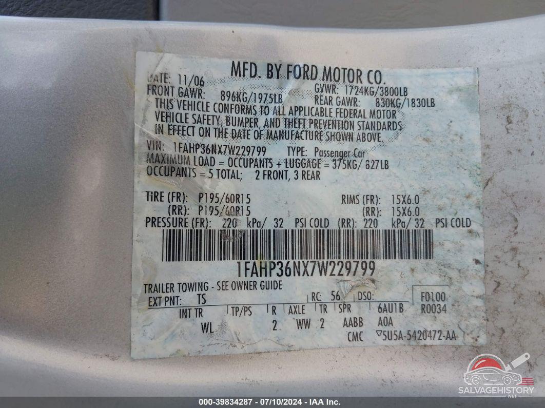 1FAHP36NX7W229799 2007 FORD FOCUS photo no. 9