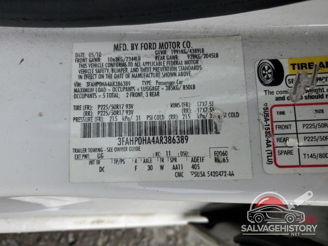 3FAHP0HA4AR386389 2010 FORD FUSION photo no. 12