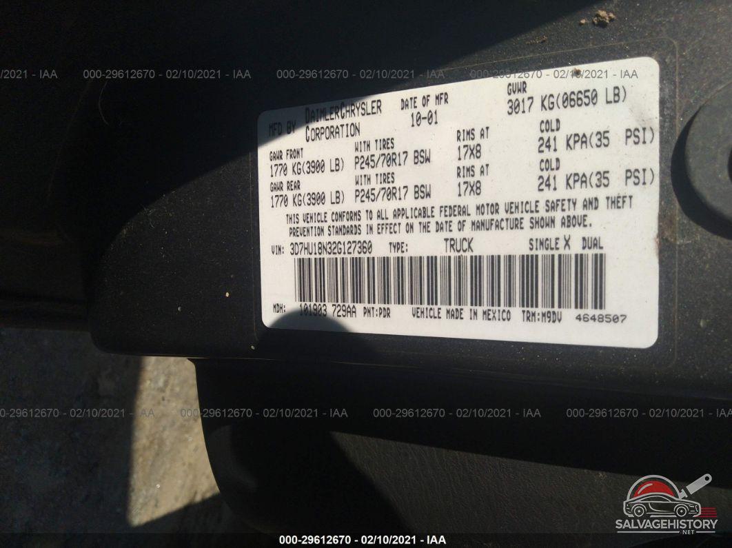 3D7HU18N32G127360 2002 DODGE RAM 1500 photo no. 9