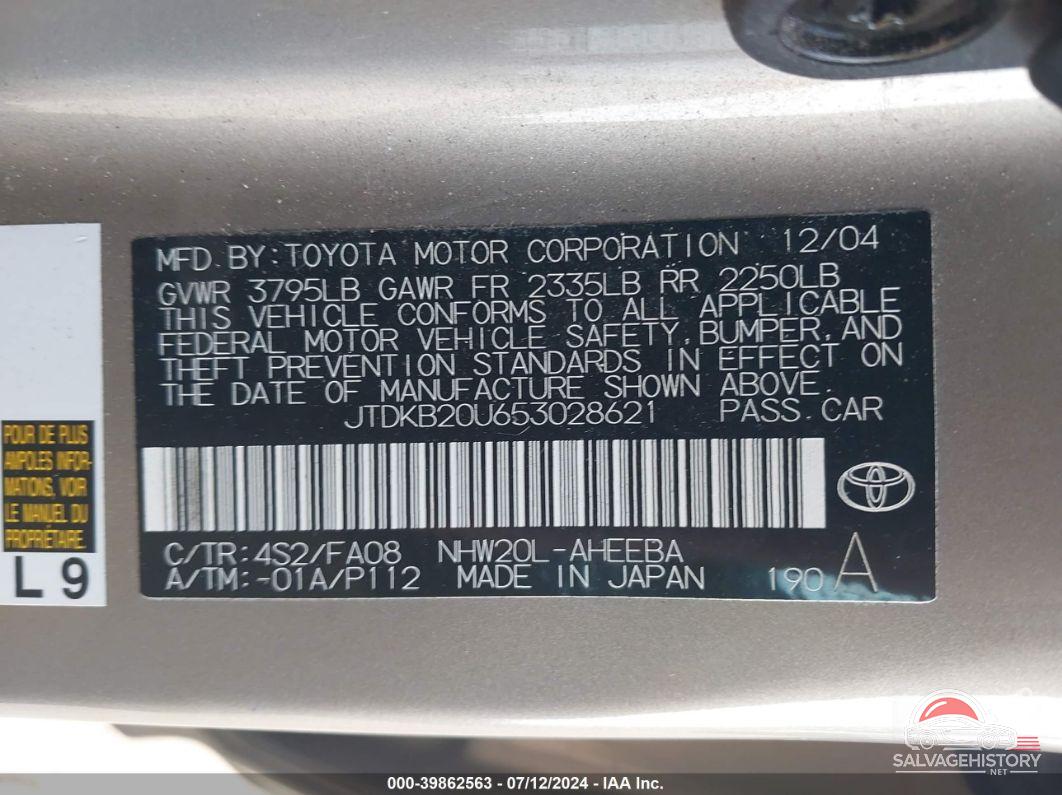 JTDKB20U653028621 2005 TOYOTA PRIUS photo no. 9