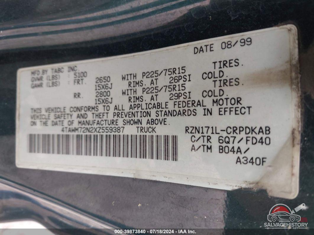 4TAWM72N2XZ559387 1999 TOYOTA TACOMA photo no. 9