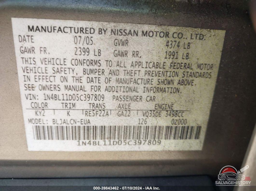 1N4BL11D05C397809 2005 NISSAN ALTIMA photo no. 9