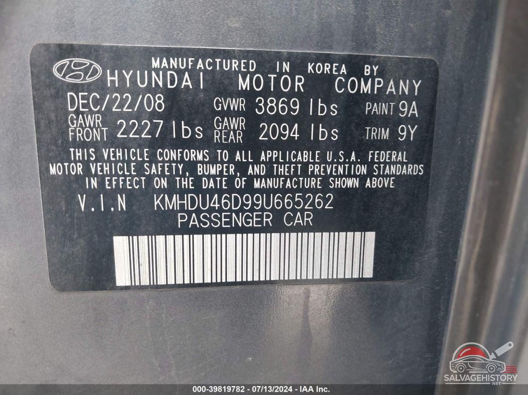 KMHDU46D99U665262 2009 HYUNDAI ELANTRA photo no. 9