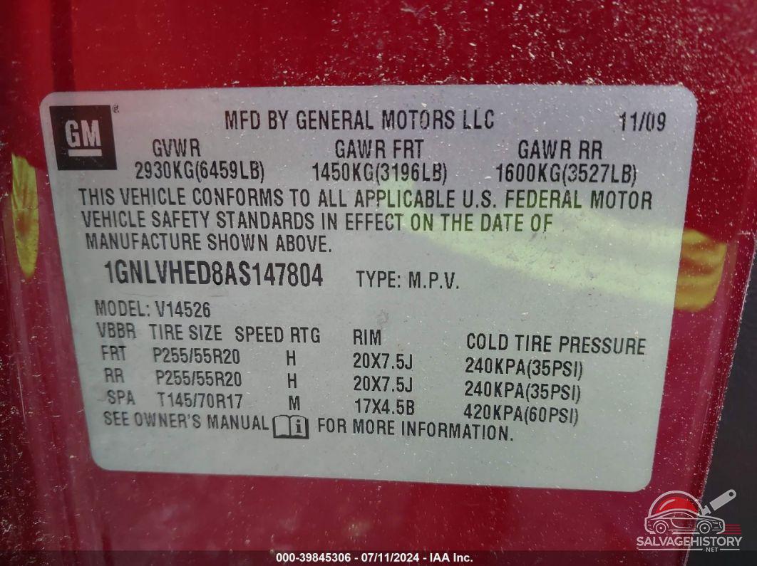1GNLVHED8AS147804 2010 CHEVROLET TRAVERSE photo no. 9