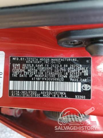 4T1BF1FK3CU569522 2012 TOYOTA CAMRY photo no. 12