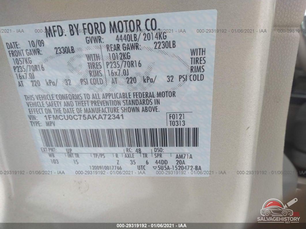 1FMCU0C75AKA72341 2010 FORD ESCAPE photo no. 9