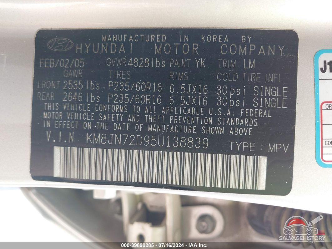 KM8JN72D95U138839 2005 HYUNDAI TUCSON photo no. 9
