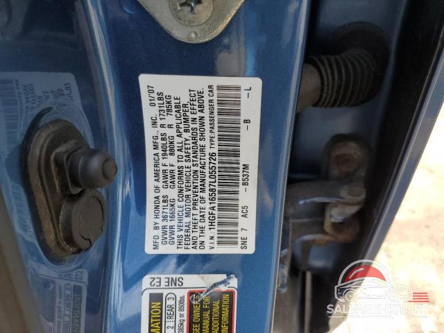 1HGFA16587L055726 2007 HONDA CIVIC photo no. 12