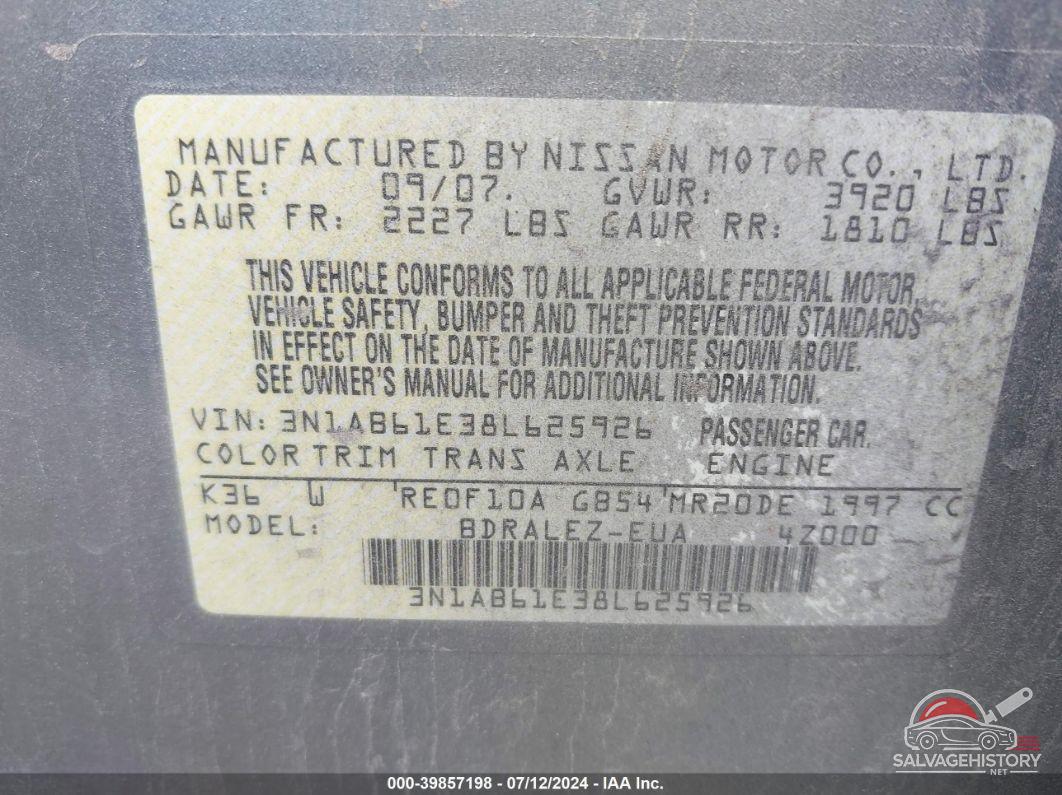 3N1AB61E38L625926 2008 NISSAN SENTRA photo no. 9