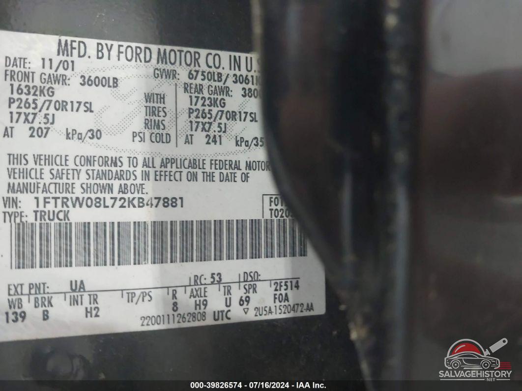 1FTRW08L72KB47881 2002 FORD F-150 photo no. 9
