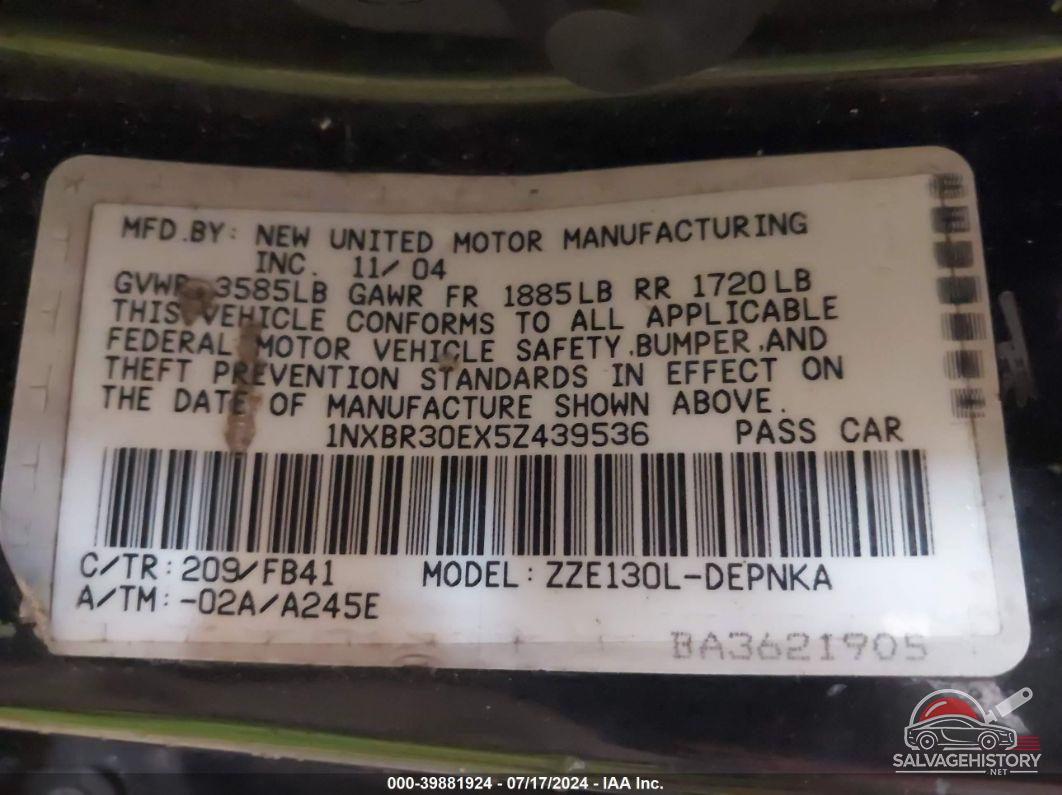 1NXBR30EX5Z439536 2005 TOYOTA COROLLA photo no. 9