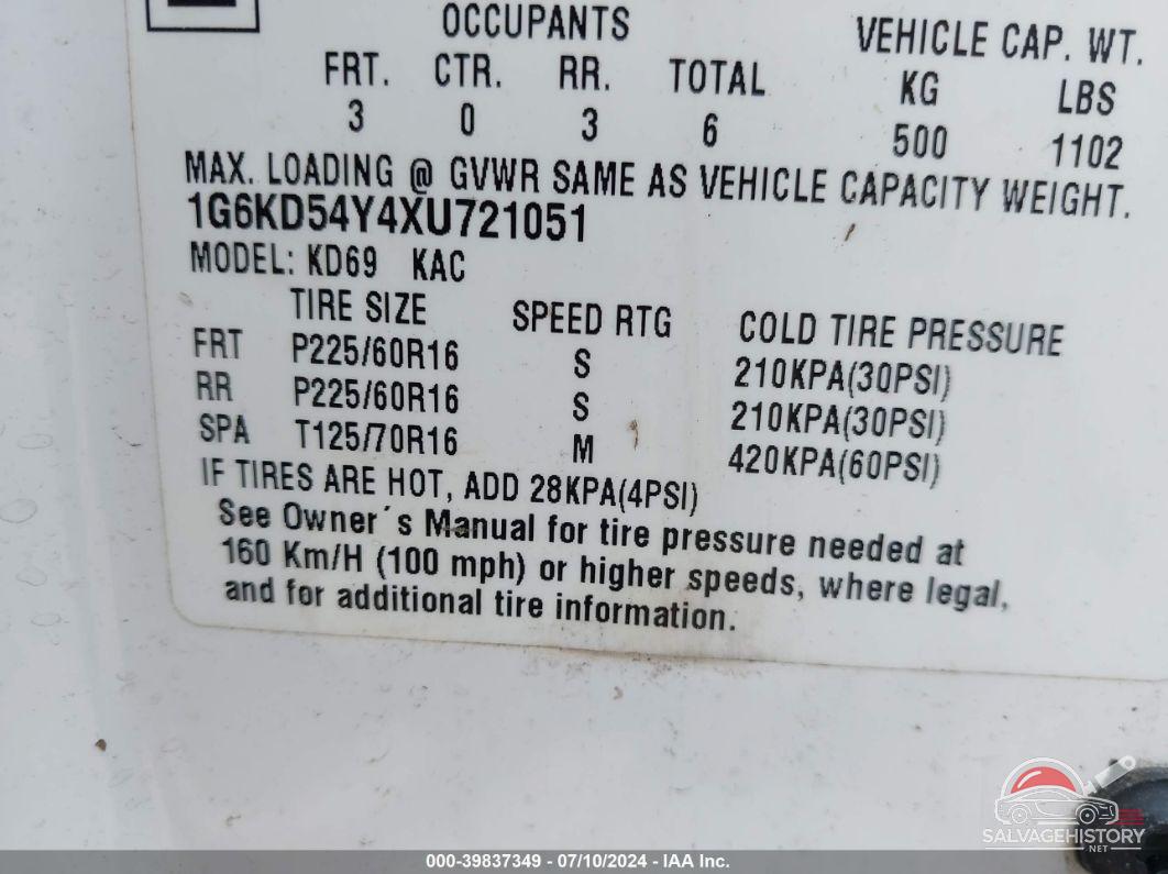 1G6KD54Y4XU721051 1999 CADILLAC DEVILLE photo no. 9