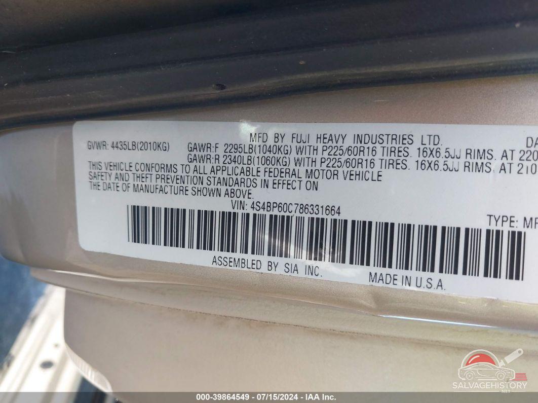 4S4BP60C786331664 2008 SUBARU OUTBACK photo no. 9