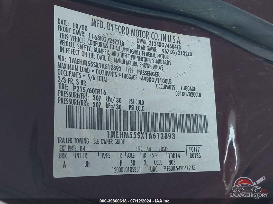 1MEHM55SX1A612893 2001 MERCURY SABLE photo no. 9
