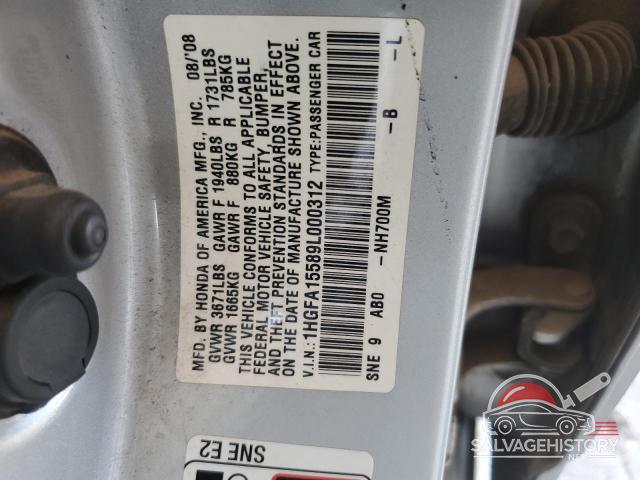 1HGFA15589L000312 2009 HONDA CIVIC photo no. 12