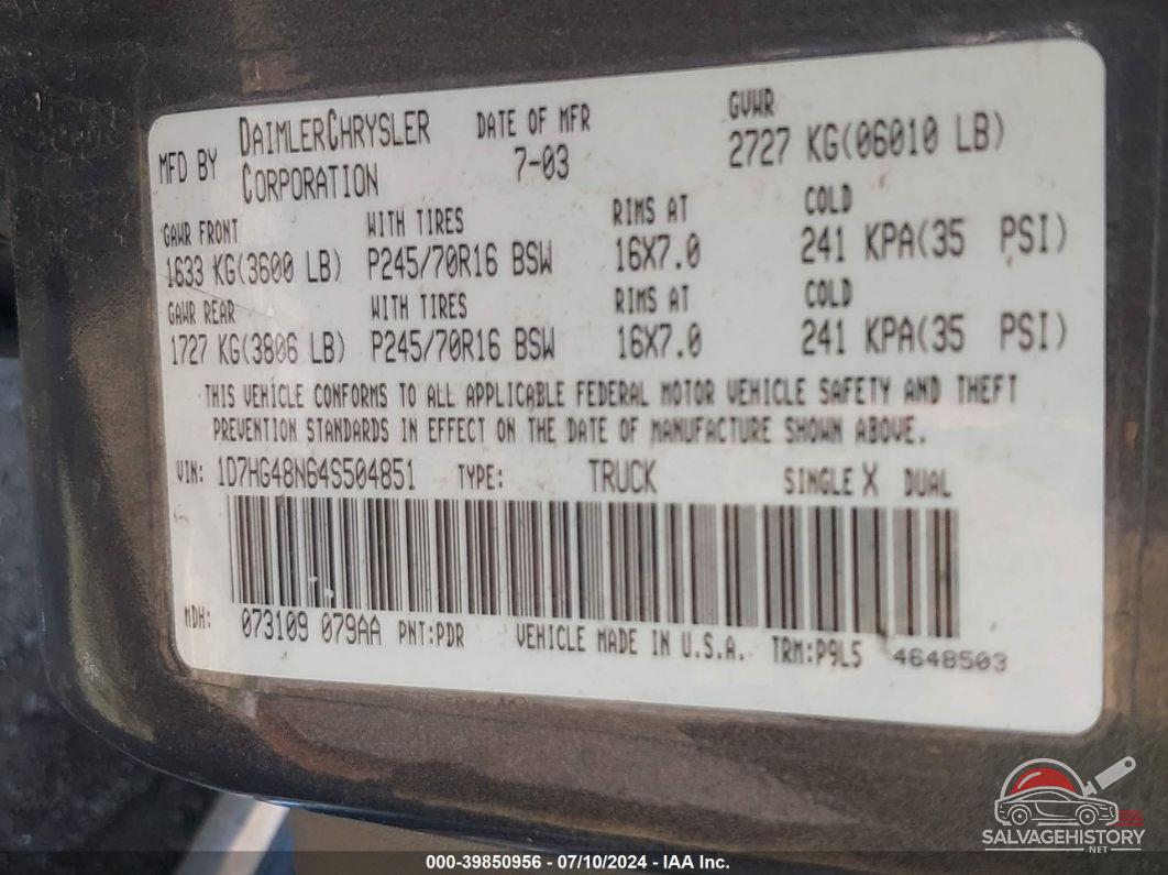 1D7HG48N64S504851 2004 DODGE DAKOTA photo no. 9