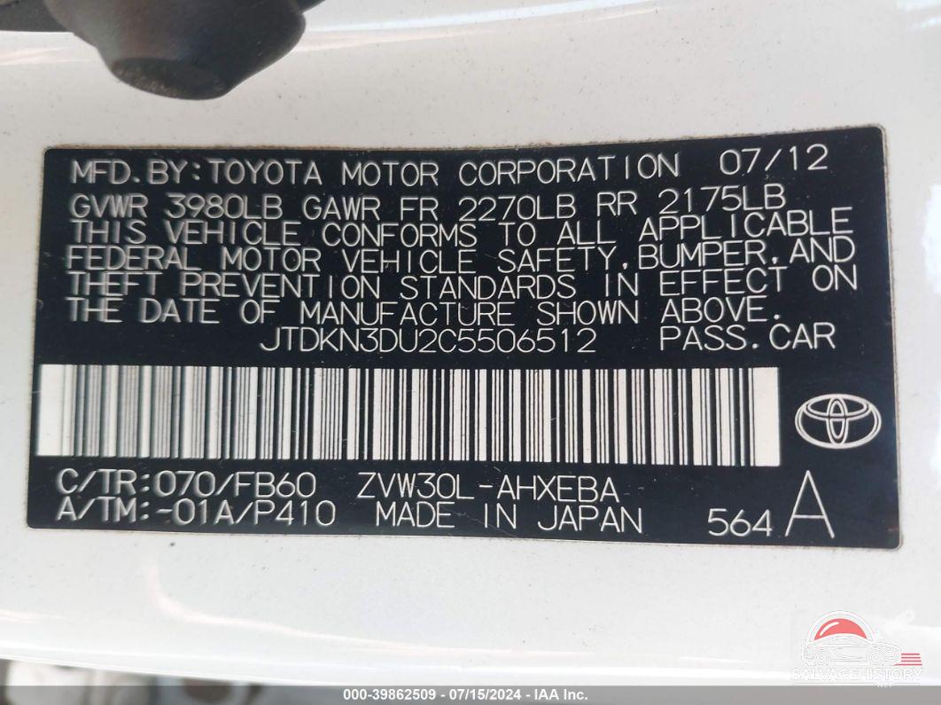 JTDKN3DU2C5506512 2012 TOYOTA PRIUS photo no. 9