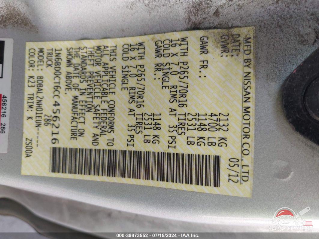 1N6BD0CT6CC456216 2012 NISSAN FRONTIER photo no. 9