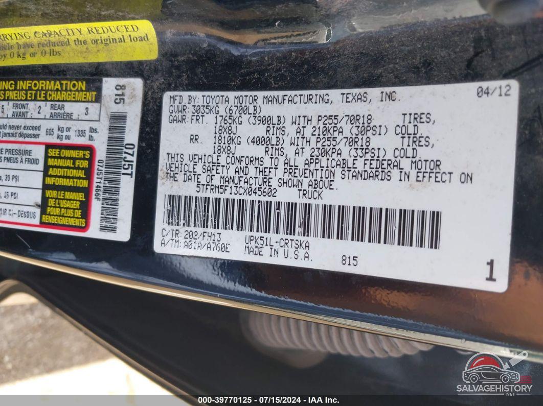 5TFRM5F13CX045602 2012 TOYOTA TUNDRA photo no. 9