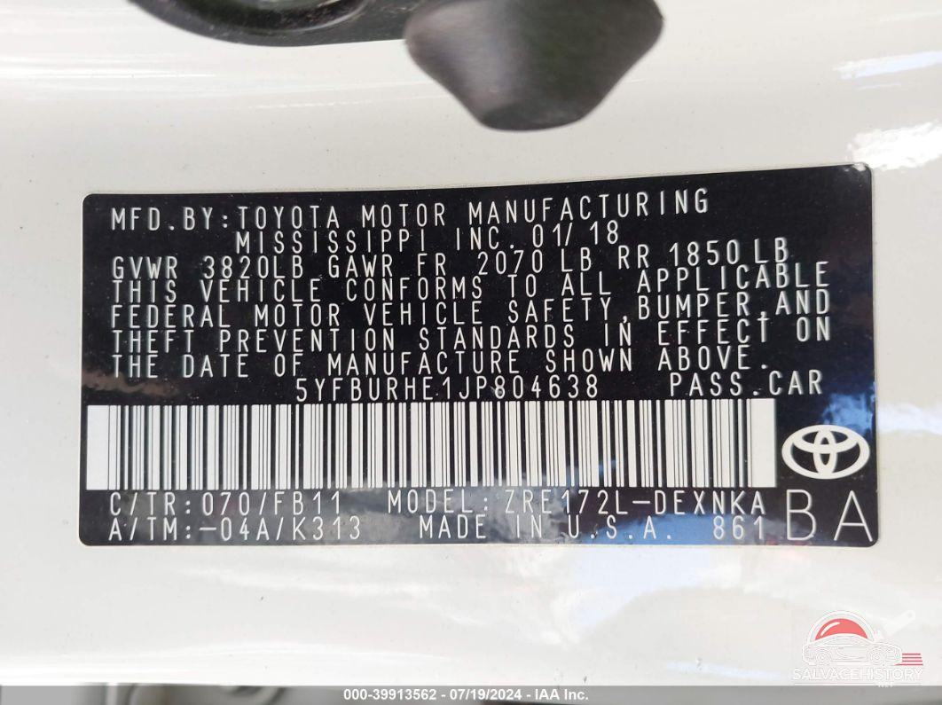 5YFBURHE1JP804638 2018 TOYOTA COROLLA photo no. 9