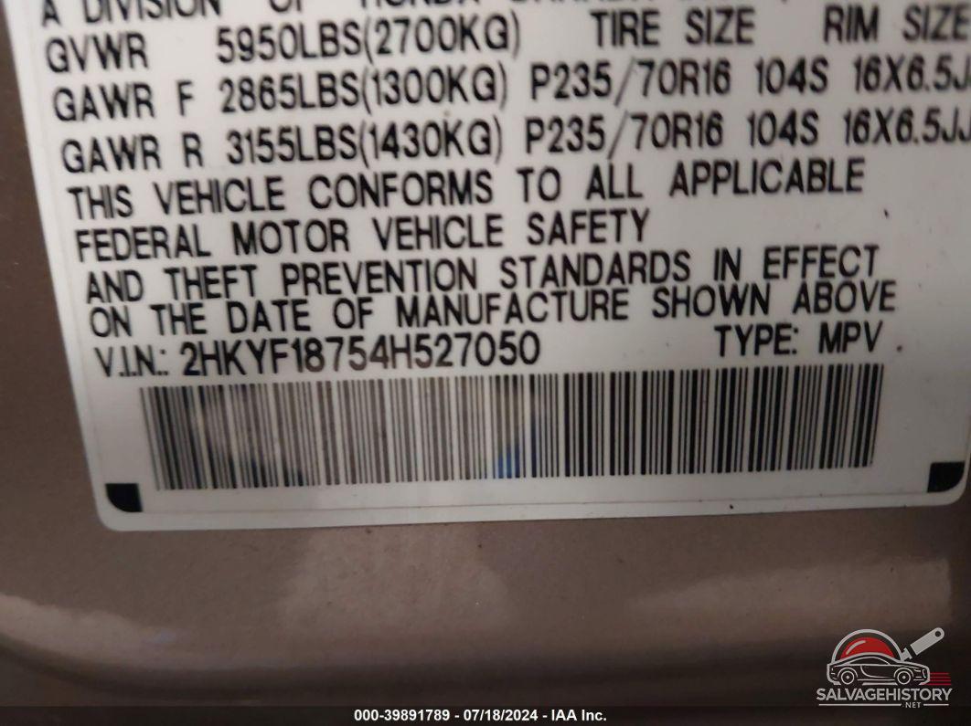 2HKYF18754H527050 2004 HONDA PILOT photo no. 9