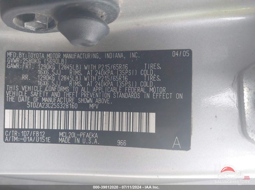 5TDZA23C25S328160 2005 TOYOTA SIENNA photo no. 9