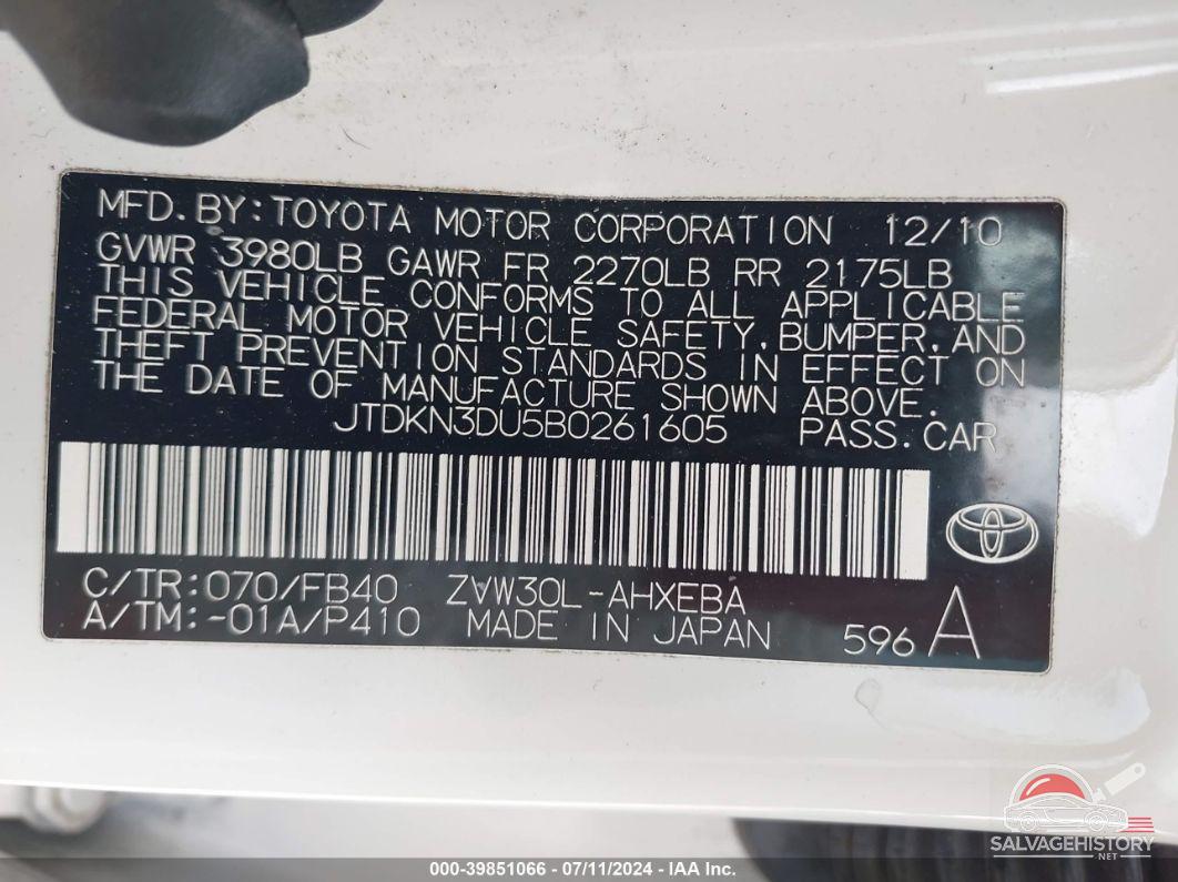 JTDKN3DU5B0261605 2011 TOYOTA PRIUS photo no. 9