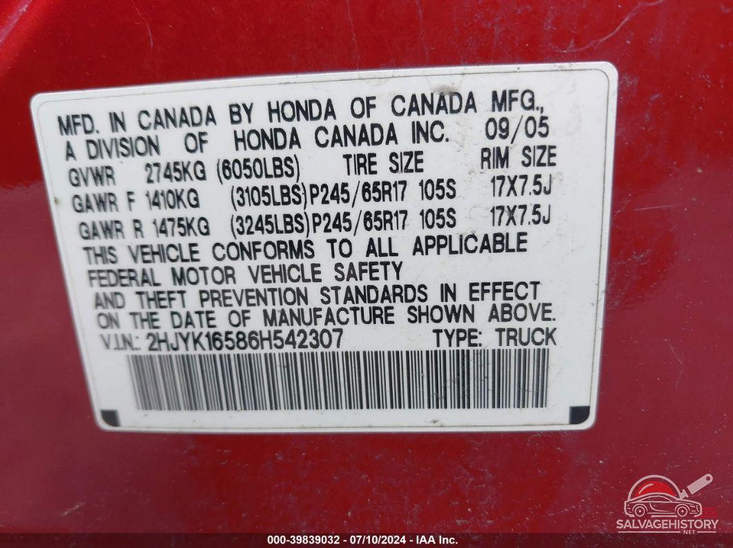 2HJYK16586H542307 2006 HONDA RIDGELINE photo no. 9