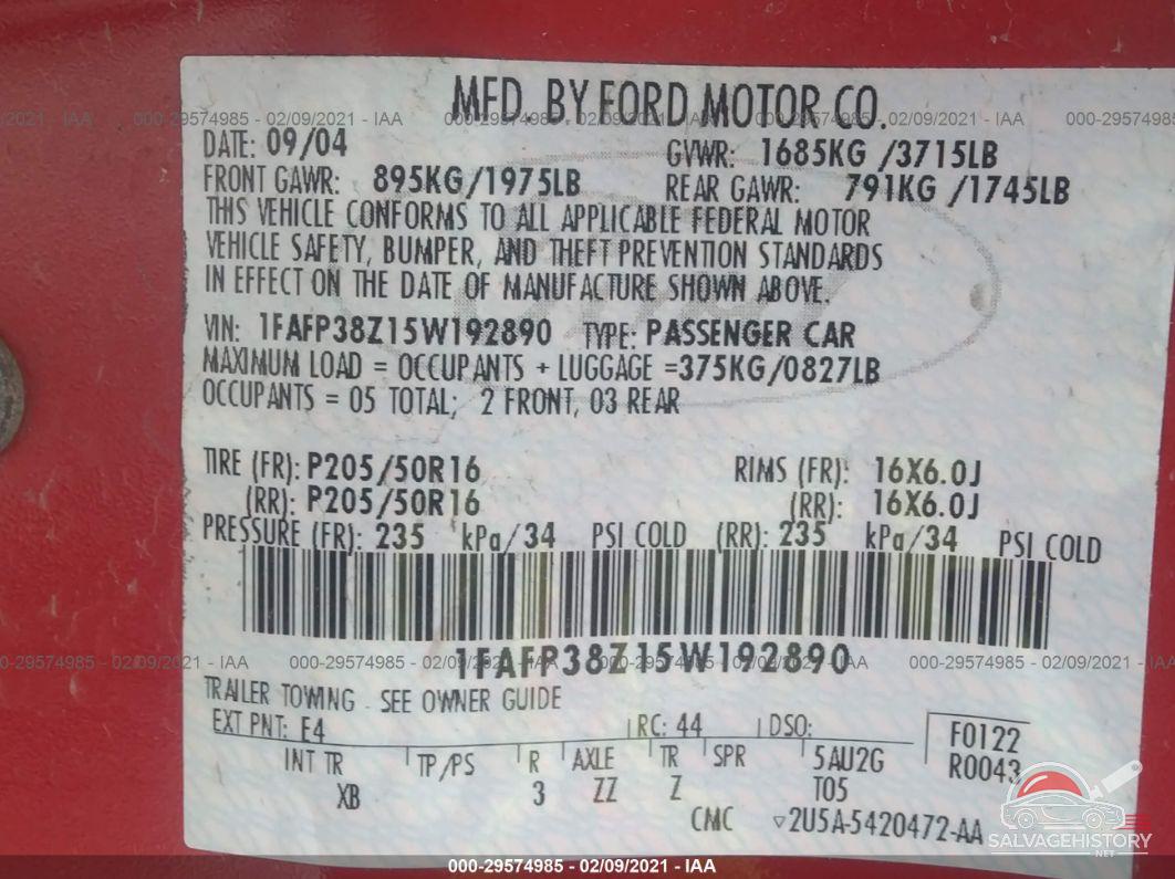 1FAFP38Z15W192890 2005 FORD FOCUS photo no. 9