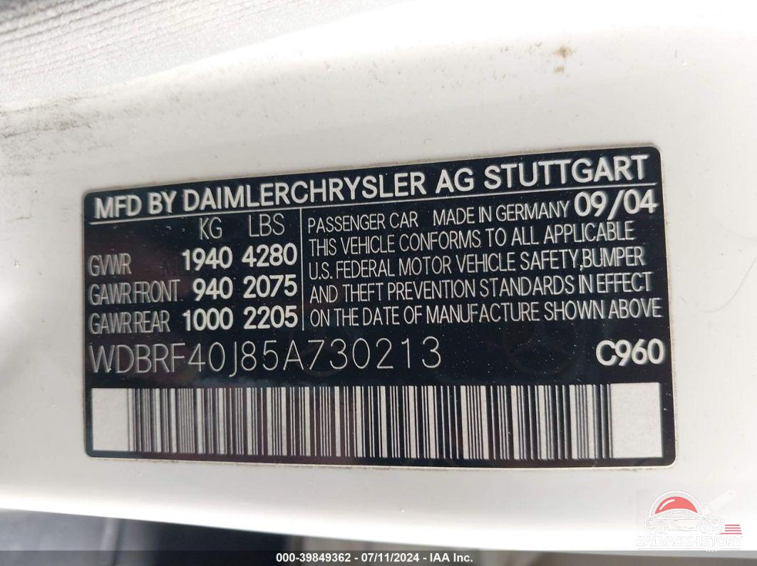 WDBRF40J85A730213 2005 MERCEDES-BENZ C 230 photo no. 9