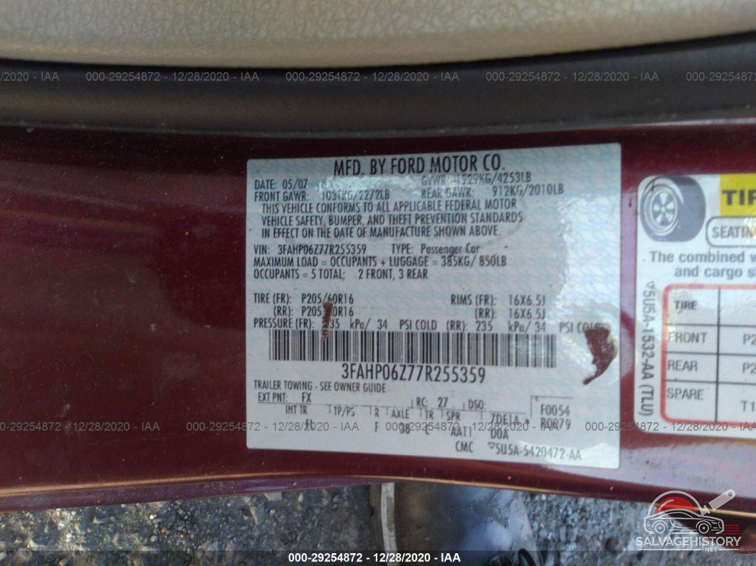 3FAHP06Z77R255359 2007 FORD FUSION photo no. 9