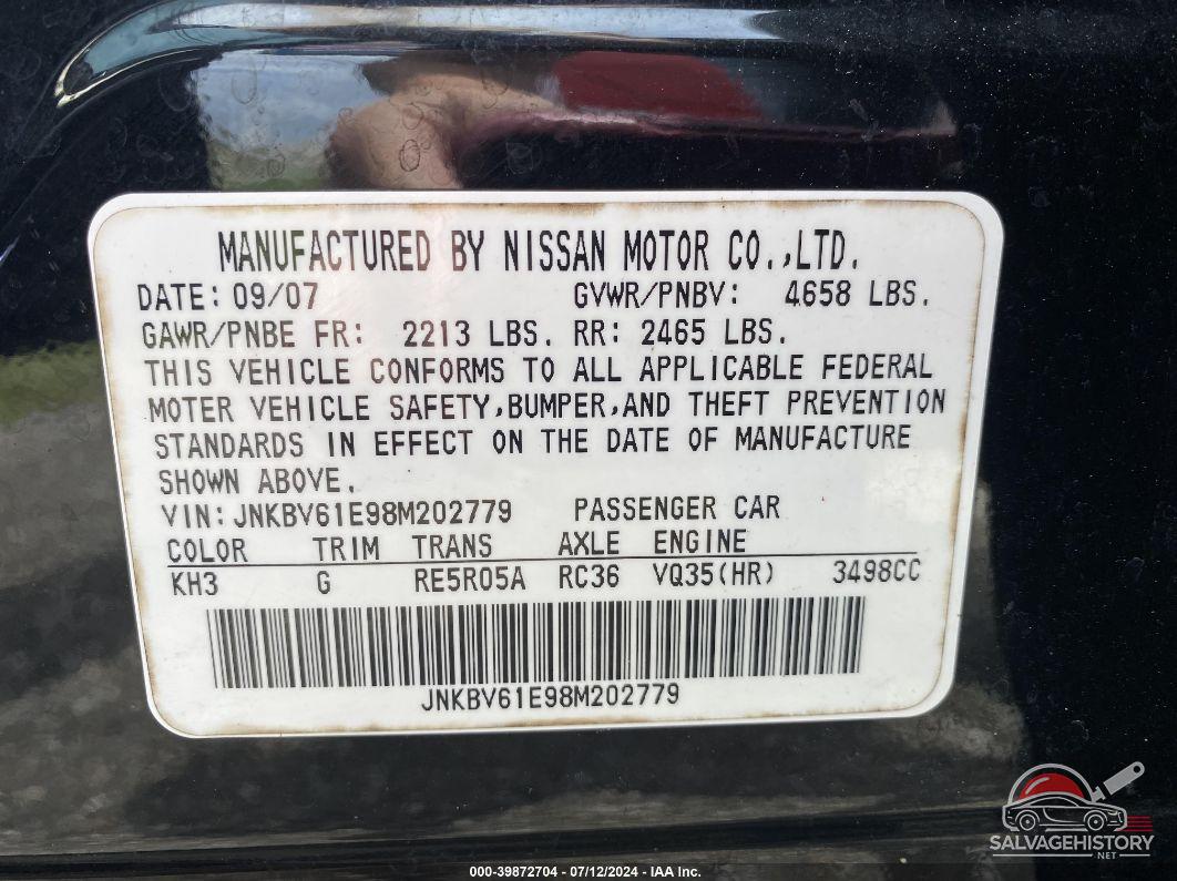 JNKBV61E98M202779 2008 INFINITI G35 photo no. 9