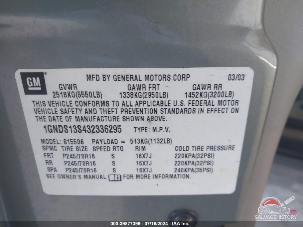 1GNDS13S432336295 2003 CHEVROLET TRAILBLAZER photo no. 9