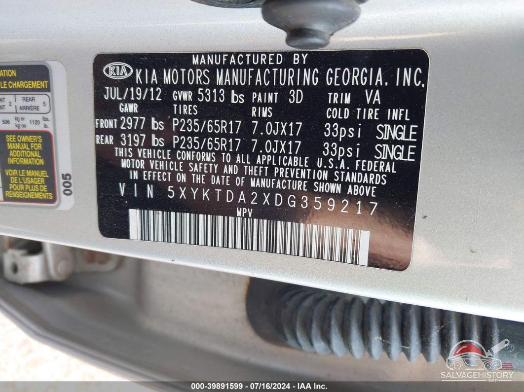 5XYKTDA2XDG359217 2013 KIA SORENTO photo no. 9