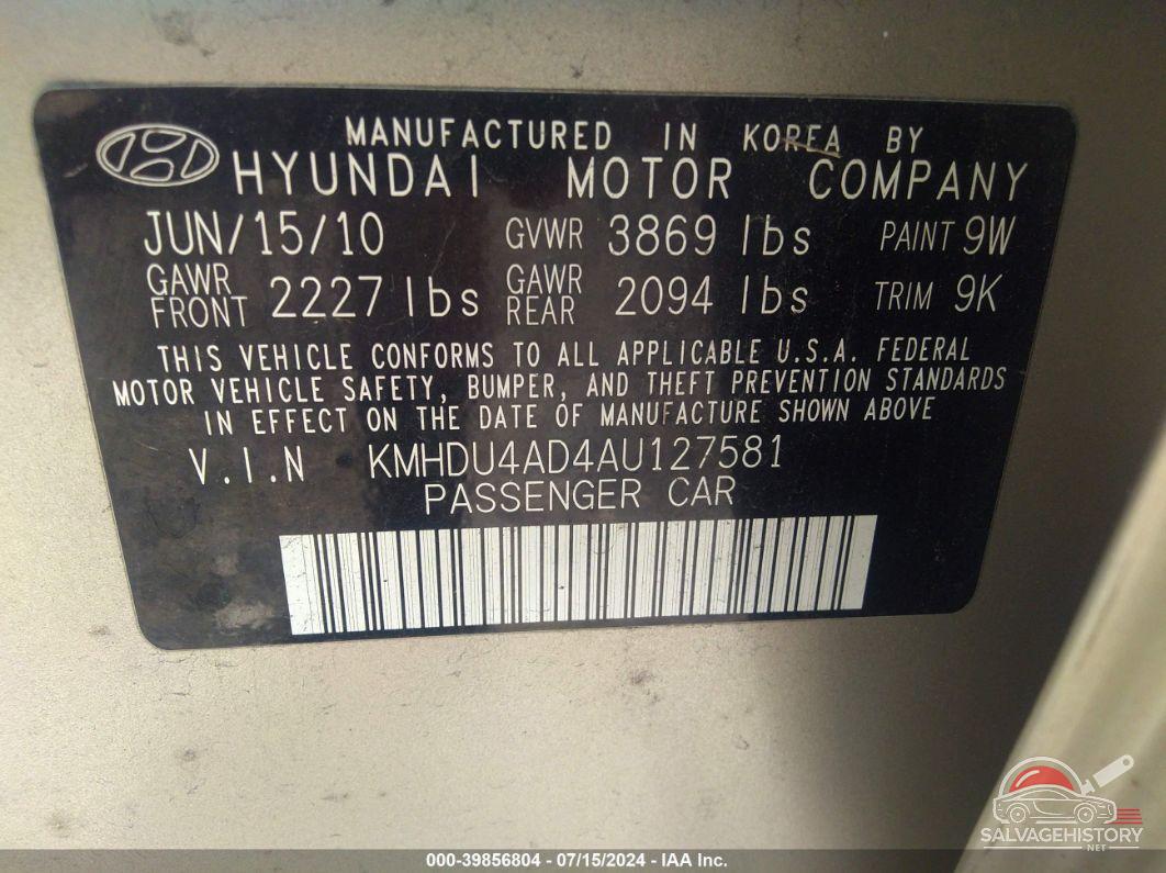 KMHDU4AD4AU127581 2010 HYUNDAI ELANTRA photo no. 9