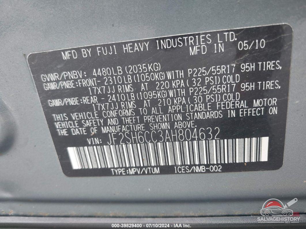 JF2SH6CC3AH804632 2010 SUBARU FORESTER photo no. 9