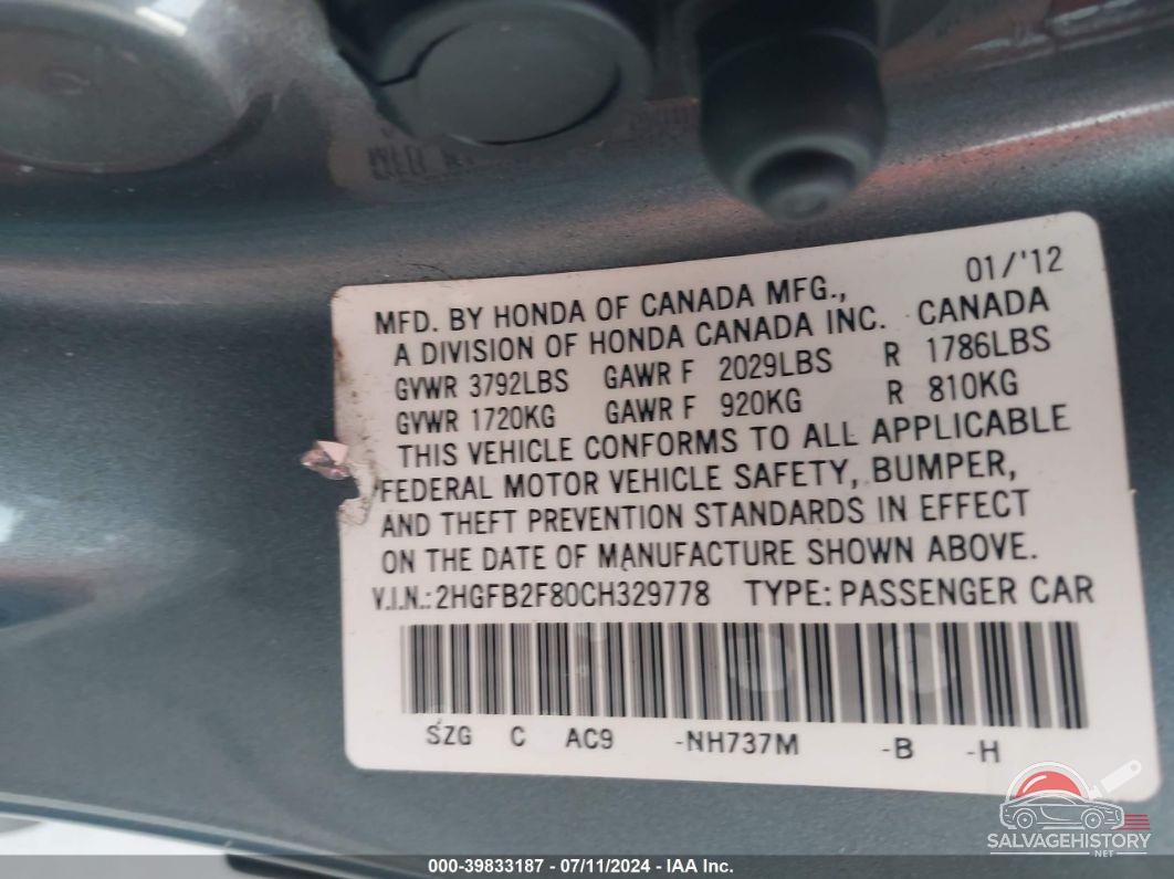 2HGFB2F80CH329778 2012 HONDA CIVIC photo no. 9