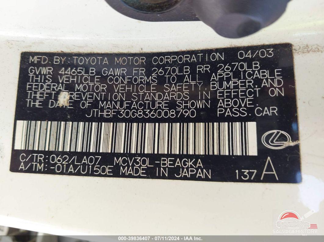 JTHBF30G836008790 2003 LEXUS ES photo no. 9