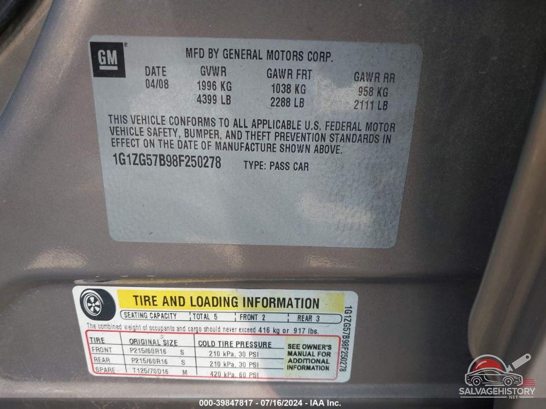 1G1ZG57B98F250278 2008 CHEVROLET MALIBU photo no. 9