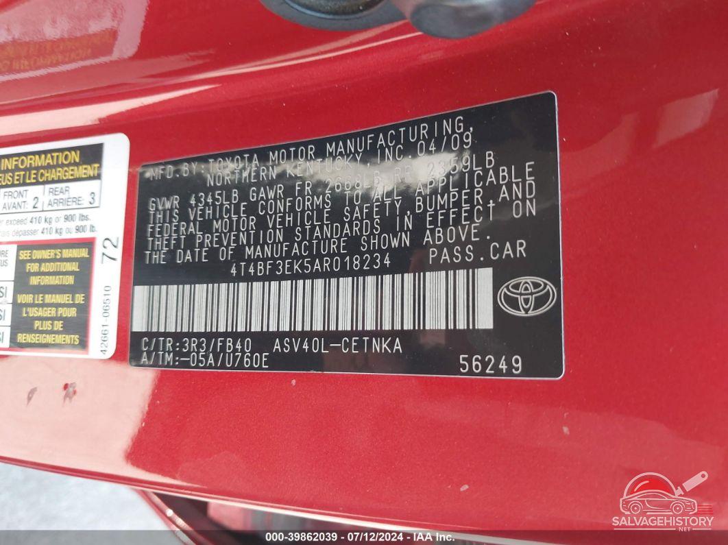 4T4BF3EK5AR018234 2010 TOYOTA CAMRY photo no. 9