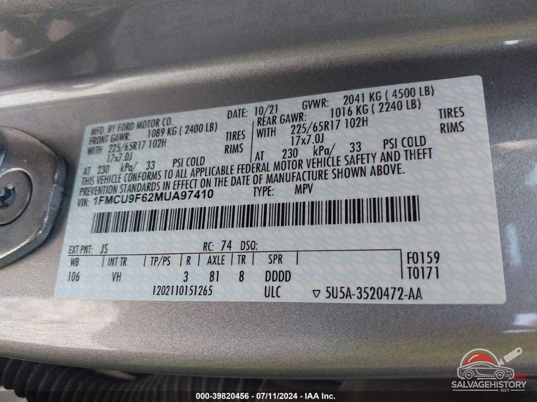1FMCU9F62MUA97410 2021 FORD ESCAPE photo no. 9
