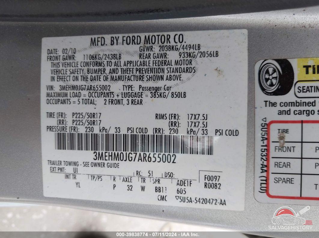 3MEHM0JG7AR655002 2010 MERCURY MILAN photo no. 9