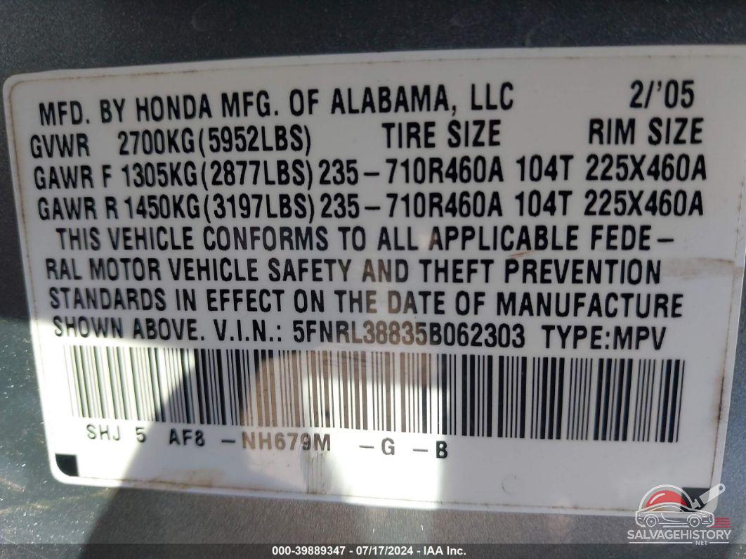5FNRL38835B062303 2005 HONDA ODYSSEY photo no. 9