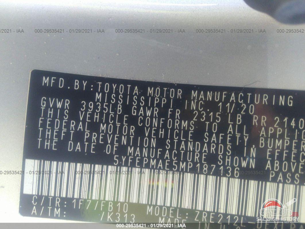 5YFEPMAE5MP187136 2021 TOYOTA COROLLA photo no. 9