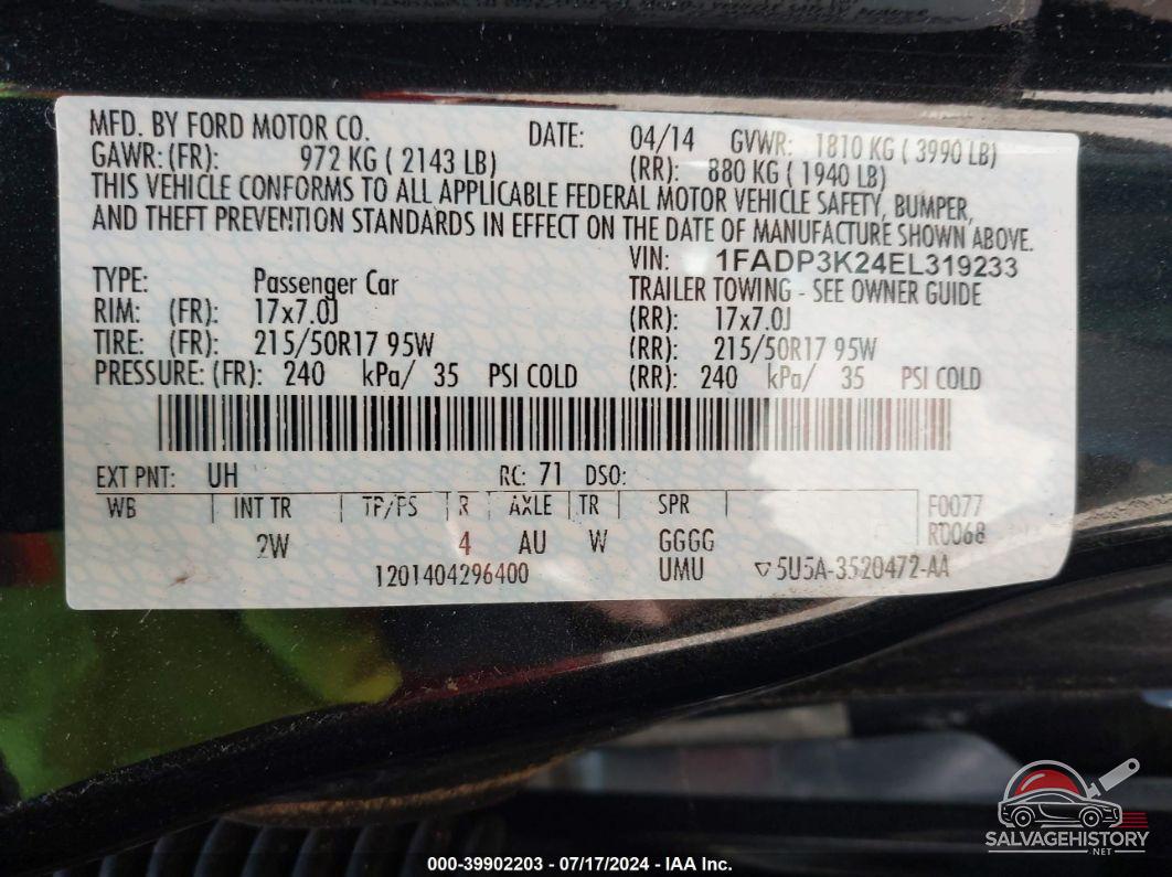 1FADP3K24EL319233 2014 FORD FOCUS photo no. 9