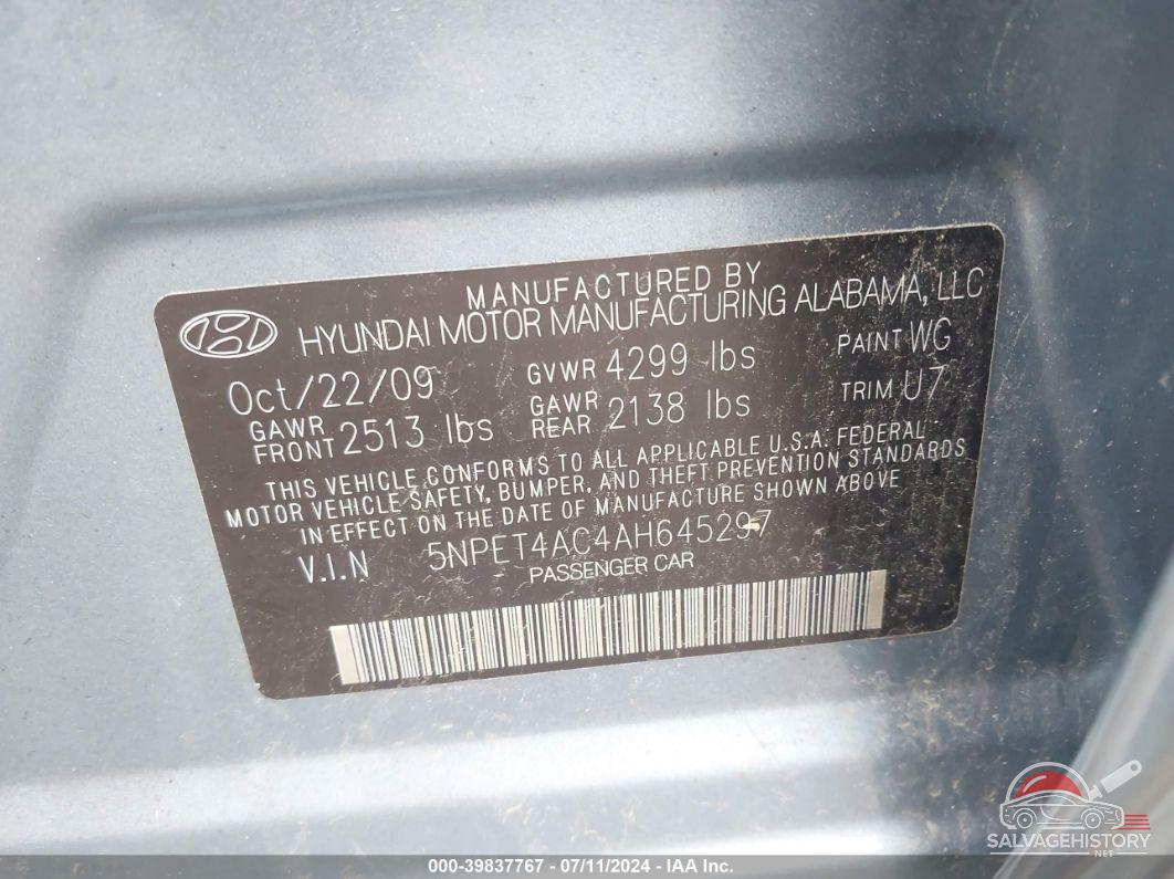 5NPET4AC4AH645297 2010 HYUNDAI SONATA photo no. 9
