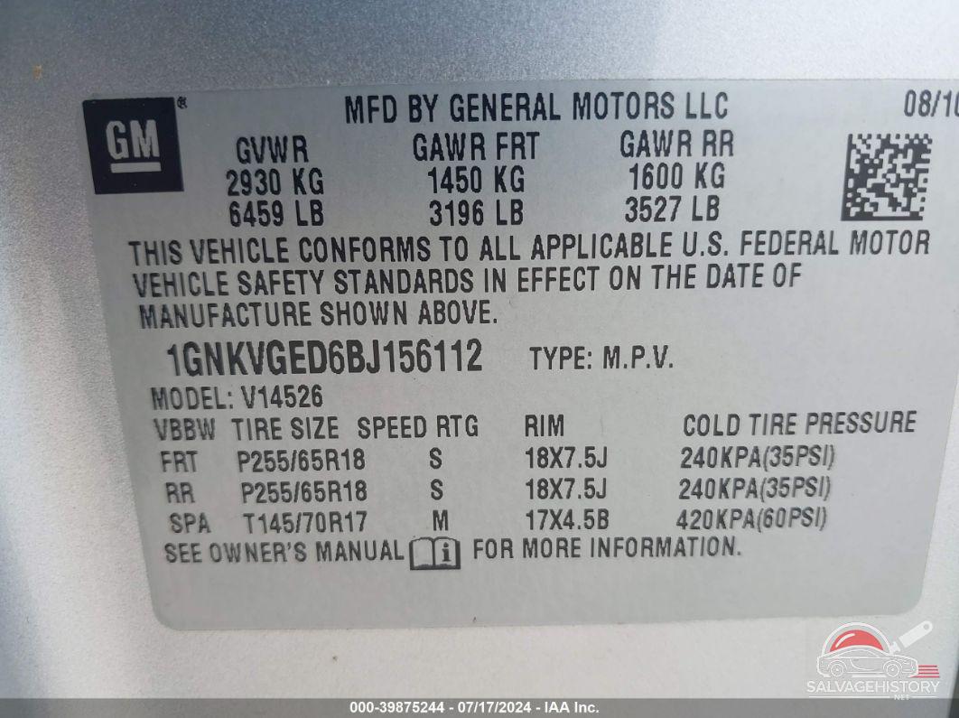 1GNKVGED6BJ156112 2011 CHEVROLET TRAVERSE photo no. 9