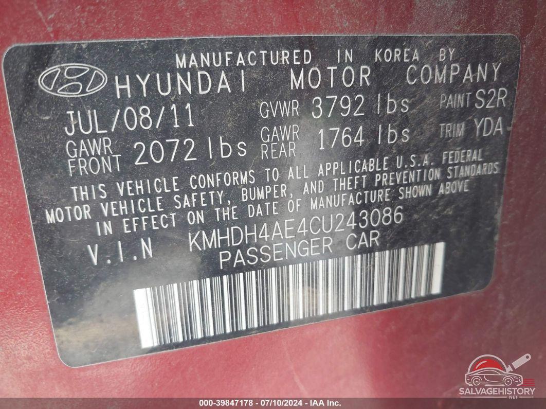 KMHDH4AE4CU243086 2012 HYUNDAI ELANTRA photo no. 9