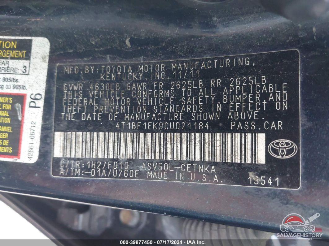 4T1BF1FK9CU021184 2012 TOYOTA CAMRY photo no. 9